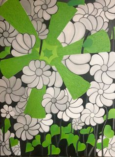 a painting with green and white flowers on it