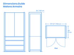 the measurements for an armoire cabinet with doors and drawers, shown in blue on a white background