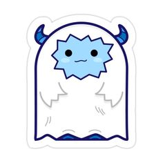 a blue and white sticker with an image of a monster on it's face