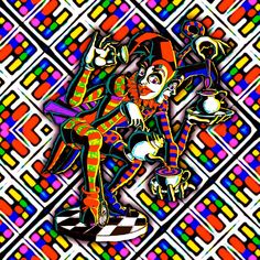 an abstract image of a clown on a colorful checkerboard background with black, white, and red colors