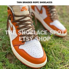 "Thin Braided Brown Rope  Replacement Shoelaces  1/5th\" Width Available in  47\"  55\" 63\" 72\" Sold by the pair (2 laces) You will receive (2 laces)  Handling time can take up to 5-7 days.  We Ship First Class Mail." Starfish Jordan 1, Travis Scott Sb Dunks, Sepatu Air Jordan, Oc Fashion, Nike Fashion Sneakers, Kicks Shoes, All Nike Shoes, Shoes Retro, Basketball Art