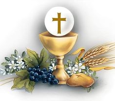 an image of a cross on top of a chalice with grapes and flowers around it