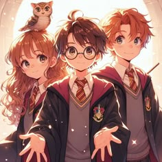 three young people wearing harry potter outfits with an owl on their shoulders