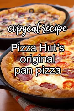 two pizzas sitting next to each other on top of a wooden table with text overlay