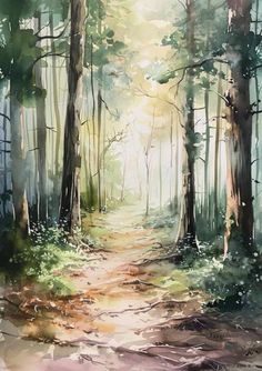 a painting of a path in the woods