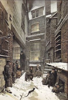 an old painting of people in the snow