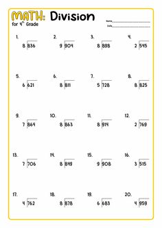 the worksheet for division is shown in yellow and black with numbers on it