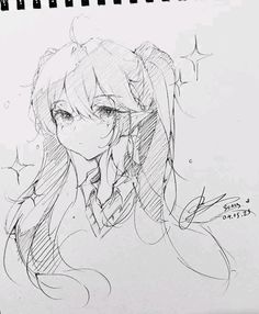 a pencil drawing of a girl with long hair and stars on her head in the background