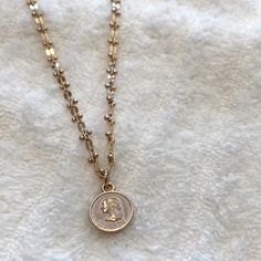 Hand Crafted White Washed Coin Pendant On A Gorgeous Decorative Gold 17 Inch Chain. Opalite Necklace, Hand Beaded Necklace, Hand Painted Necklace, Pumpkin Necklace, Aventurine Necklace, Sterling Silver Cross Necklace, Pearl Necklace Earrings, Gothic Necklace, Stone Beaded Necklace