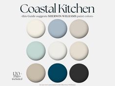 the cover of coastal kitchen magazine, featuring different shades of blue and white paint colors