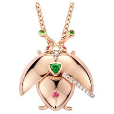 One of a kind lucky beetle necklace in 18K rose gold 11g set with the finest diamonds in brilliant cut 0,37Ct (VVS/DEF quality) one natural, tsavorite in triangel cut and a pink sapphire in brilliant cut. The feelers and the eyes are set with tsavorites and pink tourmalines in round cabouchon cut. The chain is 50cm long incuding 2 extra eyes to make it 2,5 and 5cm shorter. This lucky beetle is a very special one because you can wear it in two different ways.... open or closed. Celine Roelens, a goldsmith and gemologist as well, is specialized in unique, fine jewelry, handmade in Belgium and brought to life by experienced craftsmen. Original pieces made from precious materials of exceptional quality. Celine launched "The Goldbeetle” in 2020. The brand name is inspired by the rare and golden Beetle Necklace, Gold Diamond Pendant Necklace, Women Diamond, Yellow Gold Chain, Rose Gold Jewelry, Diamond Pendant Necklace, Rose Gold Diamonds, Pink Tourmaline, Pink Sapphire