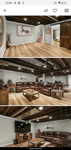 three different shots of a living room with couches and tables