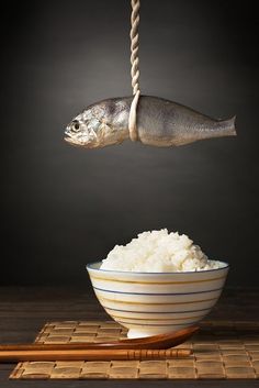 a fish and rice in a bowl with chopsticks hanging from the rope above it