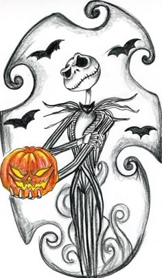 a drawing of a skeleton holding a pumpkin