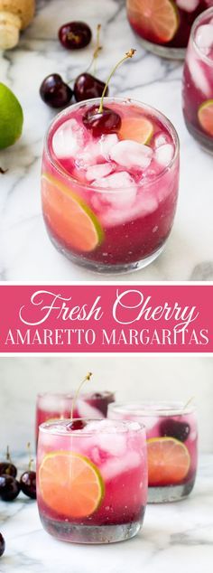 fresh cherry amaretto margaritas in glasses with lime and cherries on the side