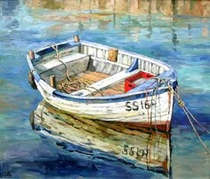 a painting of a boat in the water