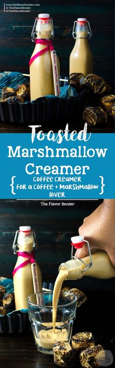 the cover of toasted marshmallow creamer is being poured into a glass bowl