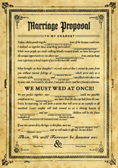 an old marriage certificate with the words marriage propoal written in black on parchment paper