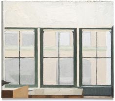 an abstract painting of three windows in front of a white wall with green trim on it