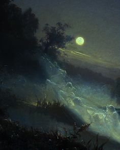 an image of a painting that looks like it is going down the hill at night