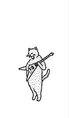 a black and white drawing of a cat holding a guitar