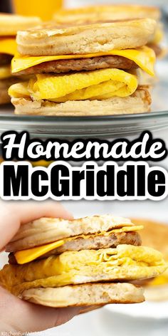 a hand holding a sandwich with an egg and cheese on it that says homemade mcgridle