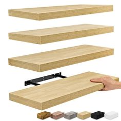 three wooden shelves with one hand holding the shelf above them and four different color options to choose from