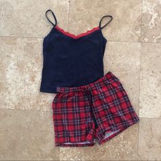 Pajamas Were Purchased In Scotland, United Kingdom. Size 8-10 Fits Like A Us Women’s Medium/Size 8. Pajamas Are New Without Tags Never Worn! Navy Blue Tank Top With Red Lace Neckline. Blue And Red Plaid Shorts. Very Comfy And Lightweight. Pajamas Shorts Outfit, Boxer Shorts Outfit, Plaid Boxers, Mha Dr, Navy Blue Tank Top, Cute Pajama Sets, Shorts Outfits Women, Pajamas Sets, Cute Pajamas