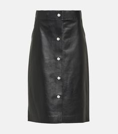 High-rise leather midi skirt in black - Victoria Beckham | Mytheresa Leather Midi Skirt For Work, Leather Knee-length Pencil Skirt For Work, Modern Leather Skirt For Work, Classic Knee-length Leather Skirt, Chic Leather Pencil Skirt For Work, Formal Knee-length Leather Skirt, Leather Midi Skirt For Office, Chic Workwear Pencil Skirt With Buttons, Modern Leather Pencil Skirt