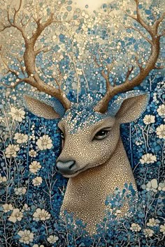 a painting of a deer with antlers on it's head and flowers in the background