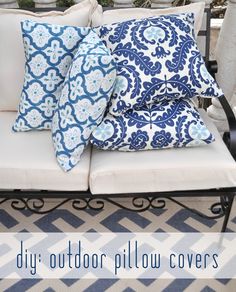 outdoor pillow covers on an iron patio bench with text overlay that reads diy outdoor pillow covers