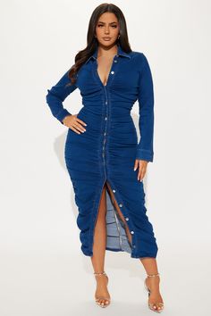 Available In Denim. Denim Maxi Dress Collar Long Sleeve Button Up Ruched Stretch Disclaimer: Due To The Specialized Wash Process, Each Garment Is Unique. 70% Cotton 28% Polyester 2% Spandex Imported | Marry Ruched Denim Maxi Dress in Dark Wash size XL by Fashion Nova Plus Size Denim Dress, Denim Maxi Dress, Plus Size Denim, Dress Collar, Denim Maxi, Married Woman, Collar Dress, Denim Dress, Fashion Nova