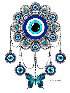 an evil eye with blue and white beads hanging from it's center, surrounded by butterflies