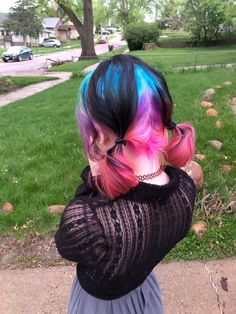 Dyed hair. Sunset dyed hair. Pink hair. Blue hair. Purple hair. Vivid hair. Cute Ways To Color Your Hair, Galaxy Dyed Hair, Cool Hair Dye Colors, Pink Blue And Black Hair, Black Blue Purple Hair, Alt Dyed Hair Ideas, Black Pink And Purple Hair, Oil Spill Hair Dye, Fun Hair Ideas Color