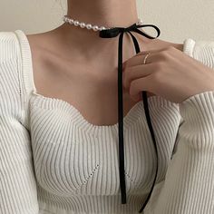 AOMU Korea Sweet Black Velvet Bow Double Necklace Simple Bowknot Plush Pearl Clavicle Chain Collar Black Ribbon Choker Necklace, Black Ribbon Choker, Ribbon Choker Necklace, Collar For Women, Black Velvet Bow, Chain Collar, Double Necklace, Bow Necklace, Wedding Party Jewelry