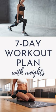 a woman doing the 7 - day workout plan with weights on her stomach and back