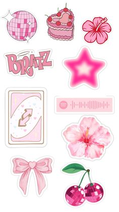 pink stickers with different designs and shapes on them, including a cake, cherry, star