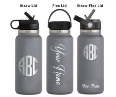 three different styles of water bottles with the names and initials on each one, two are shown