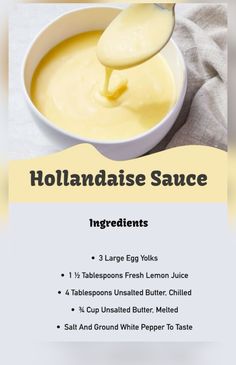 the ingredients for hollandaise sauce in a white bowl with a spoon sticking out of it