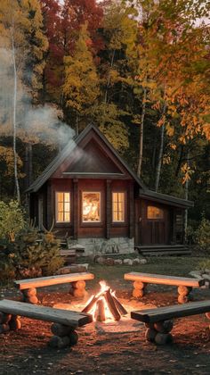 a fire pit in front of a cabin surrounded by trees