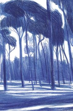 a blue drawing of trees in the woods