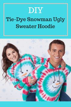 a man and woman wearing tie - dye snowman ugly sweaters with the words diy