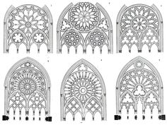 four different types of gothic architecture, each with an elaborate window and flower design on the front