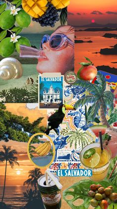 a collage of various pictures with food and drinks on it, including fruit, watermelon, pineapples