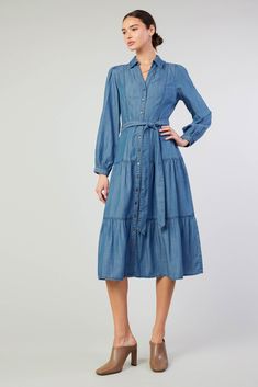 This long-sleeved dress will take you from the beach to city block without missing a beat. The shin-grazing style has a loose, straight fit and features a split neckline, buttons down the front, and tiers on the skirt. Accented by soft gathers, it's finished with a self-tie belt to draw in the shape just the way you want. •Long sleeves •Split neckline •Button front placket •Gathered detailing •Ruffle trim •Relaxed fit Item number 2490160 100% Tencel Gentle Cycle Cold Tumble dry low Casual Long Sleeve Relaxed Fit Midi Dress, Casual Midi Length Long Sleeve Dress For Brunch, Casual Long Sleeve Midi Dress With Relaxed Fit, Bohemian Long Sleeve Midi Dress For Daywear, Casual Long Sleeve Maxi Dress For Brunch, Knee-length Fall Beach Shirt Dress, Casual Long Sleeve Dress For Brunch, Knee-length Shirt Dress For Beach In Fall, Beach-ready Knee-length Shirt Dress For Fall