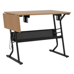 a computer desk with a wooden top and metal frame on the bottom, against a white background