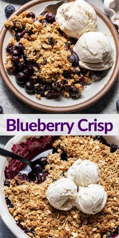 blueberry crisp on a plate with ice cream