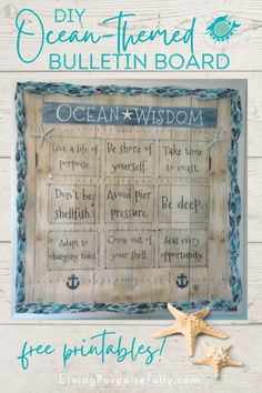 an ocean themed bulletin board with shells and starfish