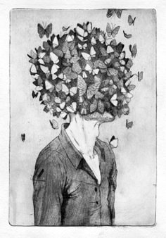 a drawing of a man with butterflies on his head