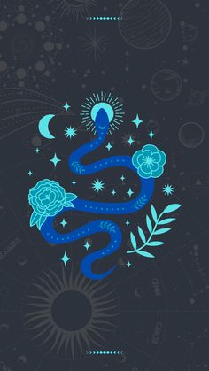 a blue snake with flowers and stars on it's back ground, in the middle of